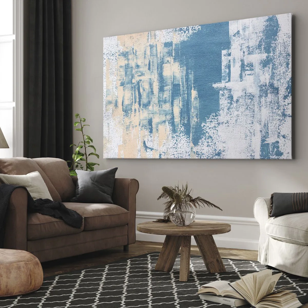 Bild auf Leinwand - Leinwandbild - Abstrakte Komposition in Blau- und Weißtönen - 70x50cm - Durch einen Eiszapfen - Moderne Wanddekoration für Wohnzimmer und Schlafzimmer ARTTOR