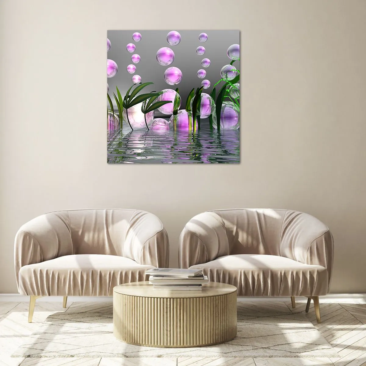 Glasbild - Bild auf glas - Eine reflektierende Komposition aus Leichtigkeit und Leben - 40x40 cm