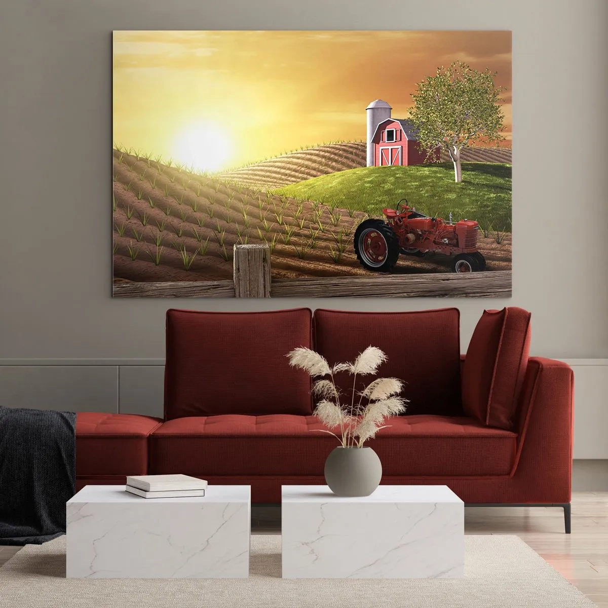 Glasbild - Bild auf glas - Sonnenuntergang über einem Bauernhof mit einem Feld und einem Traktor - 120x80cm - Ein Bauernhof wie aus einem Märchen - Moderne Wanddekoration für Wohnzimmer und Schlafzimmer ARTTOR