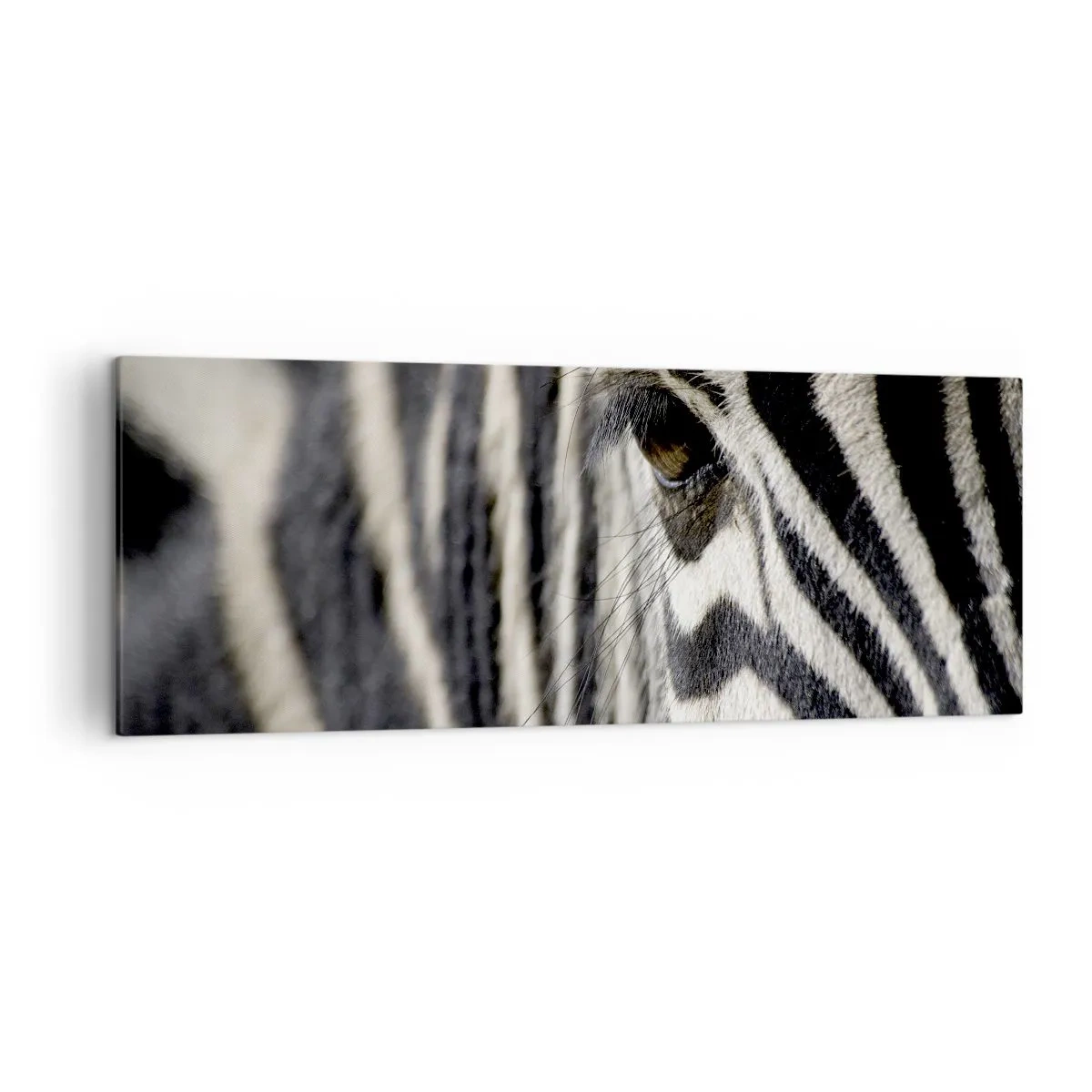 Bild auf Leinwand - Leinwandbild - Nahaufnahme eines Zebraauges mit schwarzen und weißen Streifen - 140x50cm - Gestreiftes Porträt - Moderne Wanddekoration für Wohnzimmer und Schlafzimmer ARTTOR