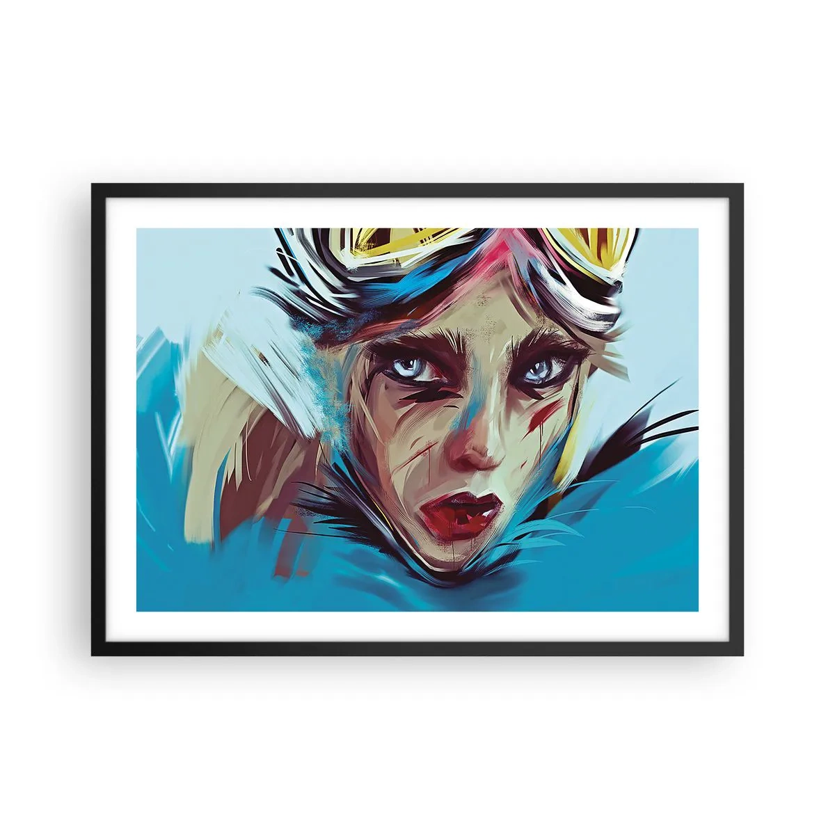 Poster in einem schwarzem Rahmen - Porträt einer Frau in dynamischen Farben und einem abstrakten Stil - 70x50cm - Strassenkämpferin - Moderne Wanddekoration für Wohnzimmer und Schlafzimmer ARTTOR