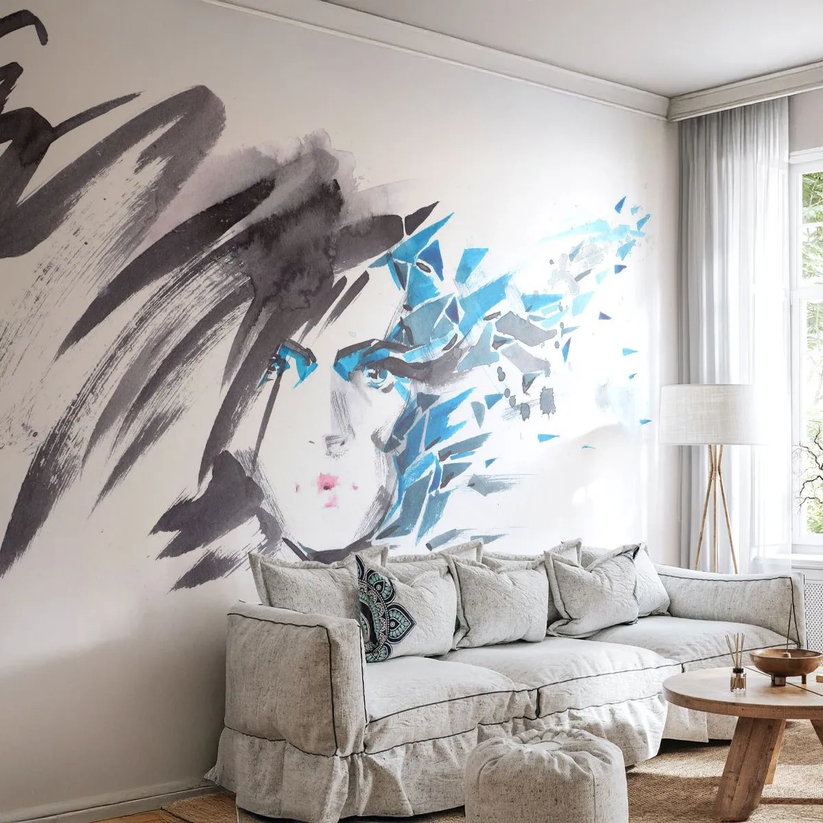 Fototapete Premium Sand - Abstraktes Frauengesicht mit dynamischem Shatter-Effekt - 100x70cm - Sinnliches Portrait in Grau und Blau - Moderne Wanddekoration für Wohnzimmer und Schlafzimmer ARTTOR