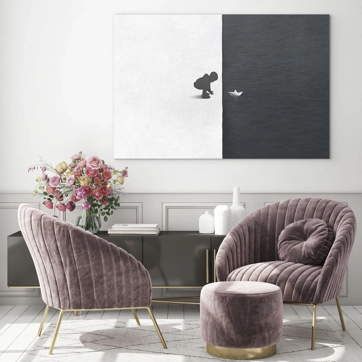 Glasbild - Bild auf glas - Silhouette eines Kindes, das ein Papierboot ins Wasser wirft - 120x80cm - Tolle Expedition - Moderne Wanddekoration für Wohnzimmer und Schlafzimmer ARTTOR