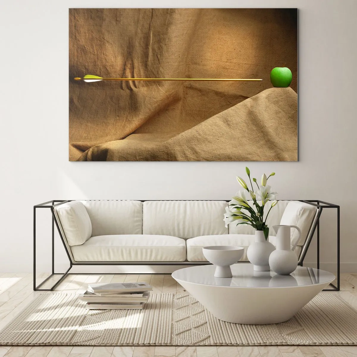 Glasbild - Bild auf glas - Ein grüner Apfel auf beigem Hintergrund, der von einem Pfeil durchbohrt wird. - 70x50cm - Beschwöre den Geist von Wilhelm Tell - Moderne Wanddekoration für Wohnzimmer und Schlafzimmer ARTTOR