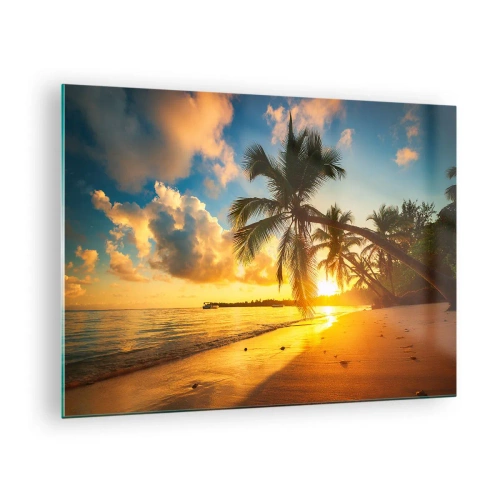 Glasbild - Bild auf glas - Tropischer Strand mit Palmen bei Sonnenuntergang - 70x50cm - Karibischer Traum - Moderne Wanddekoration für Wohnzimmer und Schlafzimmer ARTTOR
