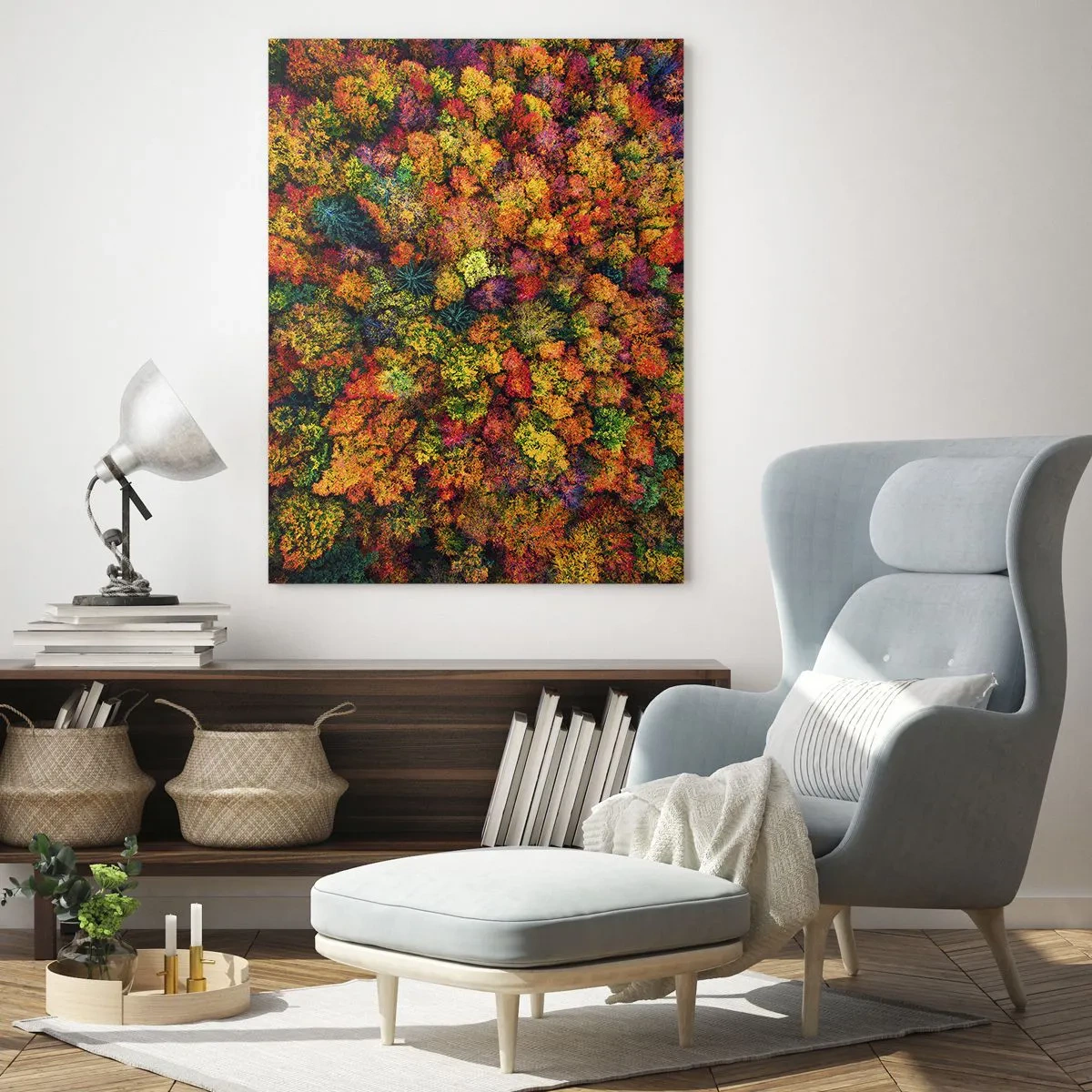 Glasbild - Bild auf glas - Bunte Baumkronen in der Herbstpalette - 70x100cm - Blumenstrauß aus Herbstbäumen - Moderne Wanddekoration für Wohnzimmer und Schlafzimmer ARTTOR