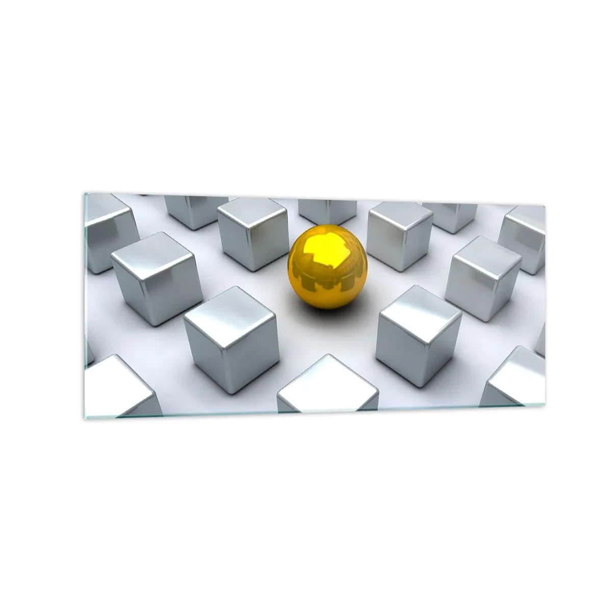 Glasbild - Bild auf glas - Eine goldene Kugel, die zwischen den silbernen Würfeln hervorsticht - 120x50cm - Warum ich? Geometrische Zusammensetzung - Moderne Wanddekoration für Wohnzimmer und Schlafzimmer ARTTOR