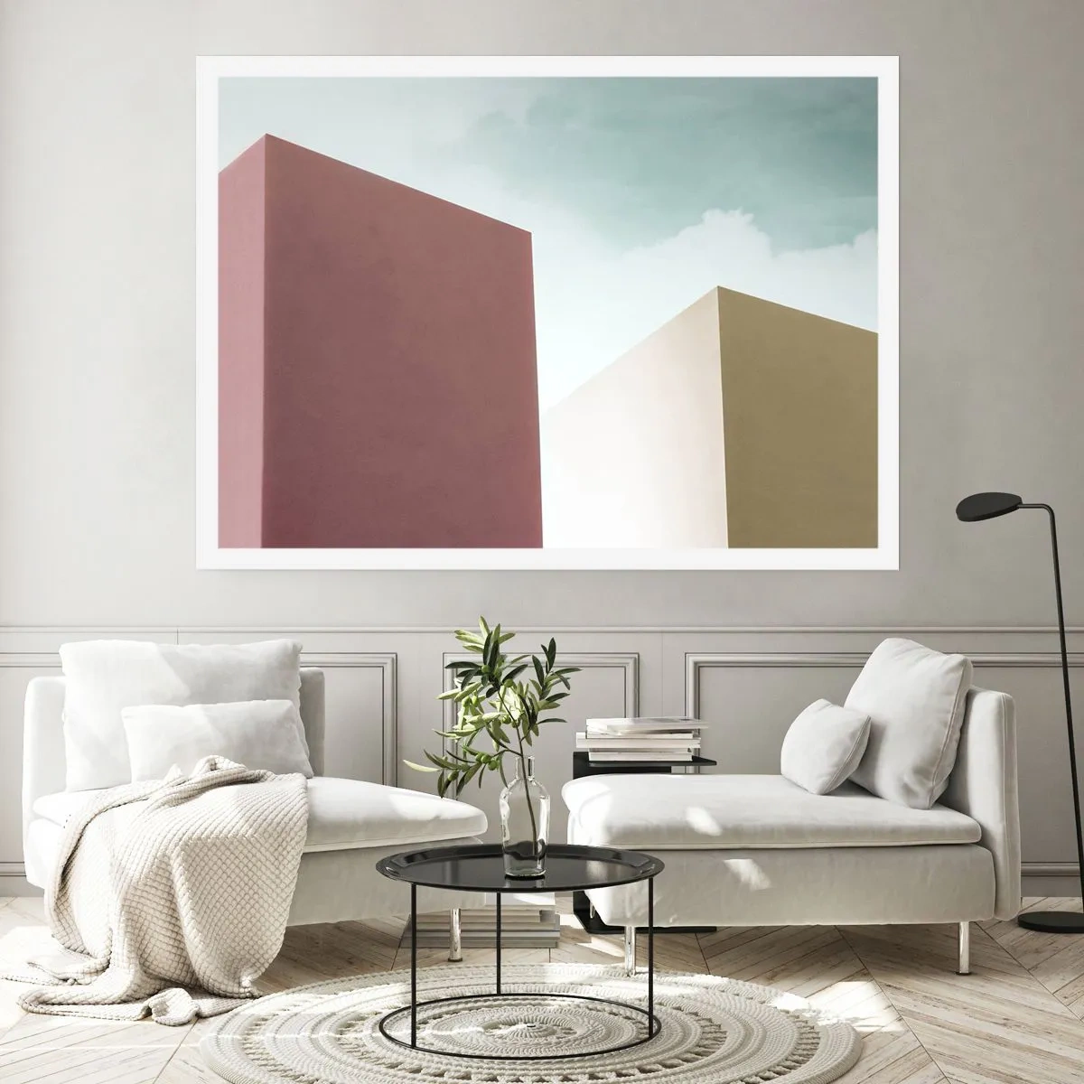 Poster - Minimalistische Architektur mit pastellfarbenen Blöcken und Himmel - 100x70cm - Geometrie des sonnigen Sommers - Moderne Wanddekoration für Wohnzimmer und Schlafzimmer ARTTOR
