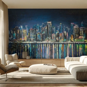 Fototapete Premium Sand - Modernes Stadtpanorama bei Nacht mit Spiegelung im Wasser - 100x70cm - Kaskade von Lichtern - Moderne Wanddekoration für Wohnzimmer und Schlafzimmer ARTTOR