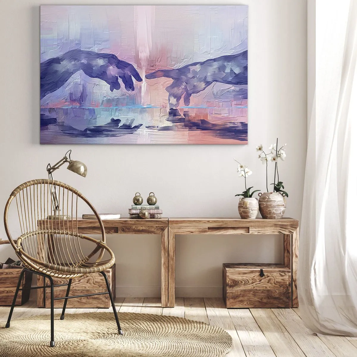 Bild auf Leinwand - Leinwandbild - Symbolische Hände in abstrakten Farben, die auf das Thema der Schöpfung verweisen - 100x70cm - Göttlicher Funke des Lebens - Moderne Wanddekoration für Wohnzimmer und Schlafzimmer ARTTOR