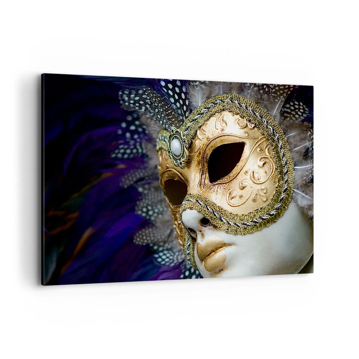 Bild auf Leinwand - Leinwandbild - Goldene venezianische Maske mit dekorativen Federn und Ornamenten - 100x70cm - Venezianisches Porträt in Gold - Moderne Wanddekoration für Wohnzimmer und Schlafzimmer ARTTOR