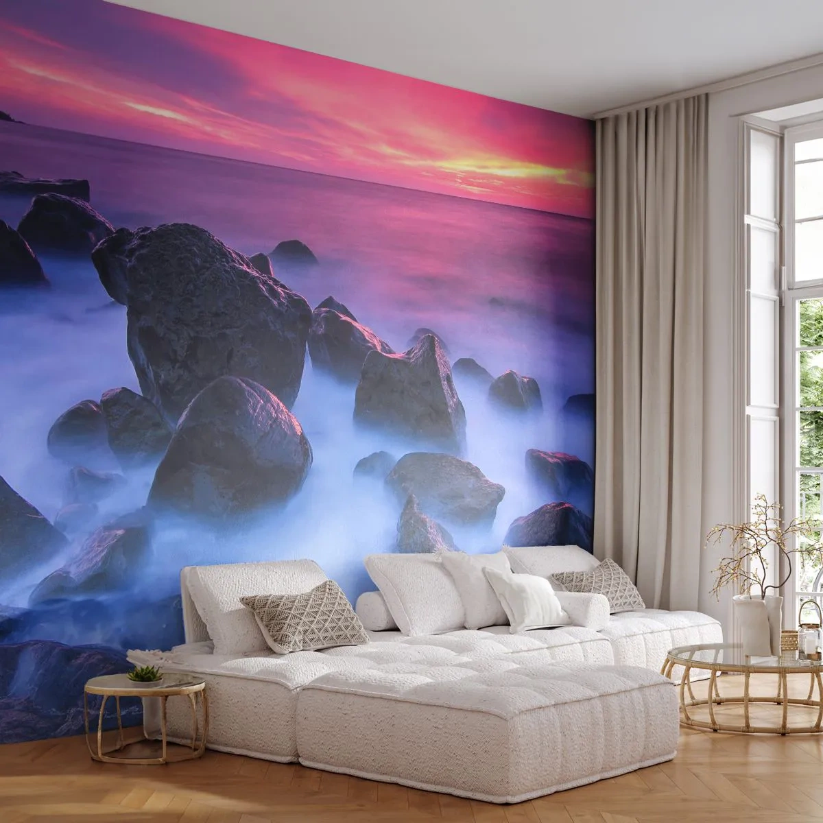 Fototapete Premium Sand - Felsige Küste bei Sonnenuntergang mit nebligem Wasser - 100x70cm - Geburt bei Licht und Nebel - Moderne Wanddekoration für Wohnzimmer und Schlafzimmer ARTTOR