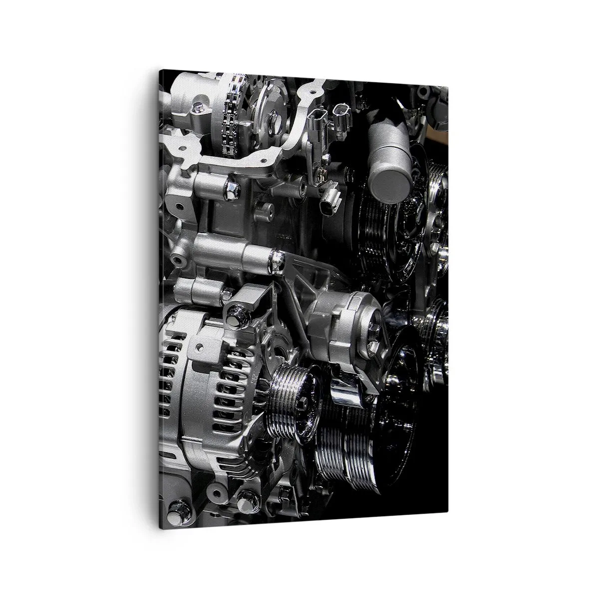 Bild auf Leinwand - Leinwandbild - Nahaufnahme von metallischen Motorteilen auf schwarzem Hintergrund - 50x70cm - Stahl, schön, stark - Moderne Wanddekoration für Wohnzimmer und Schlafzimmer ARTTOR