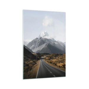 Glasbild - Bild auf glas - Eine Straße in den Bergen, umgeben von einer malerischen Landschaft - 70x100cm - Der Weg ins Herz der Berge - Moderne Wanddekoration für Wohnzimmer und Schlafzimmer ARTTOR