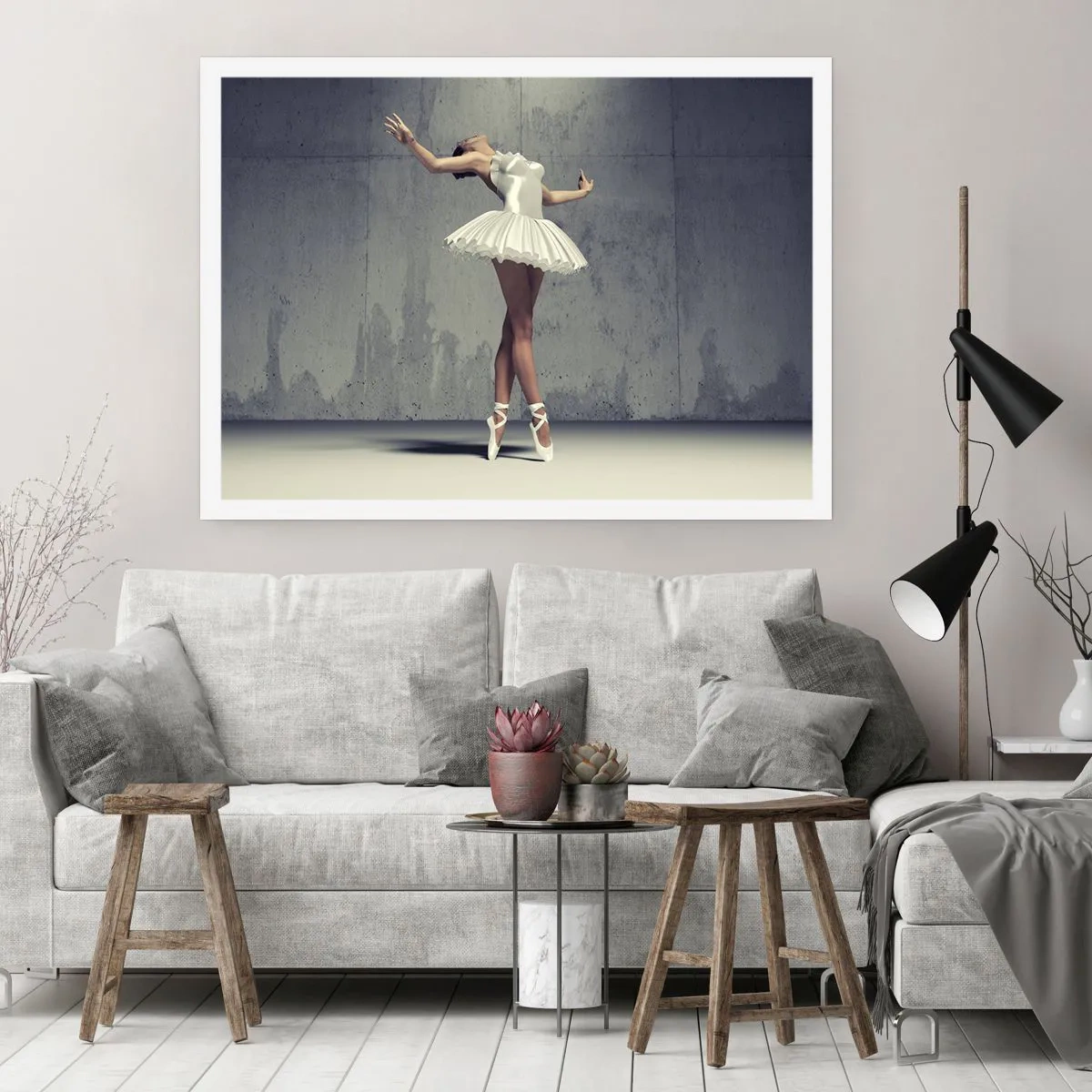 Poster - Eine Balletttänzerin in einem weißen Kleid vor einer rohen Wand. - 100x70cm - Leicht wie ein Vogel - Moderne Wanddekoration für Wohnzimmer und Schlafzimmer ARTTOR