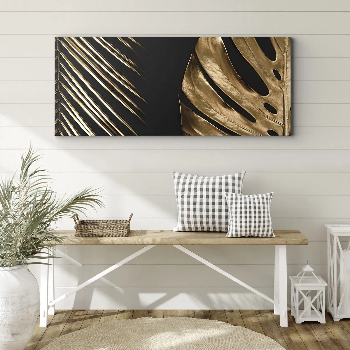 Bild auf Leinwand - Leinwandbild - Goldene Blätter auf schwarzem Hintergrund - 160x50cm - Anders und genauso teuer - Moderne Wanddekoration für Wohnzimmer und Schlafzimmer ARTTOR