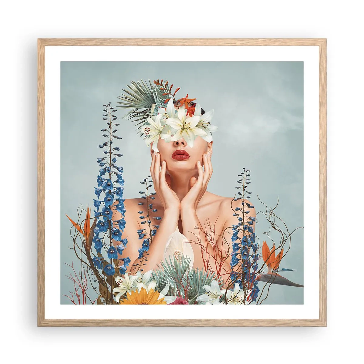 Poster in einem Rahmen aus heller Eiche - Frau - Blume - 60x60 cm