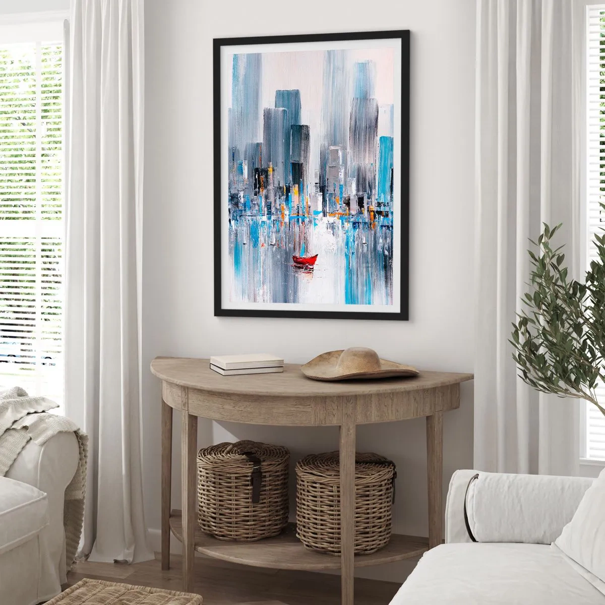 Poster in einem schwarzem Rahmen - Ein abstraktes Gemälde, das die Skyline einer Stadt über dem Wasser mit einem roten Boot zeigt. - 50x70cm - Metropole an der Bucht - Moderne Wanddekoration für Wohnzimmer und Schlafzimmer ARTTOR