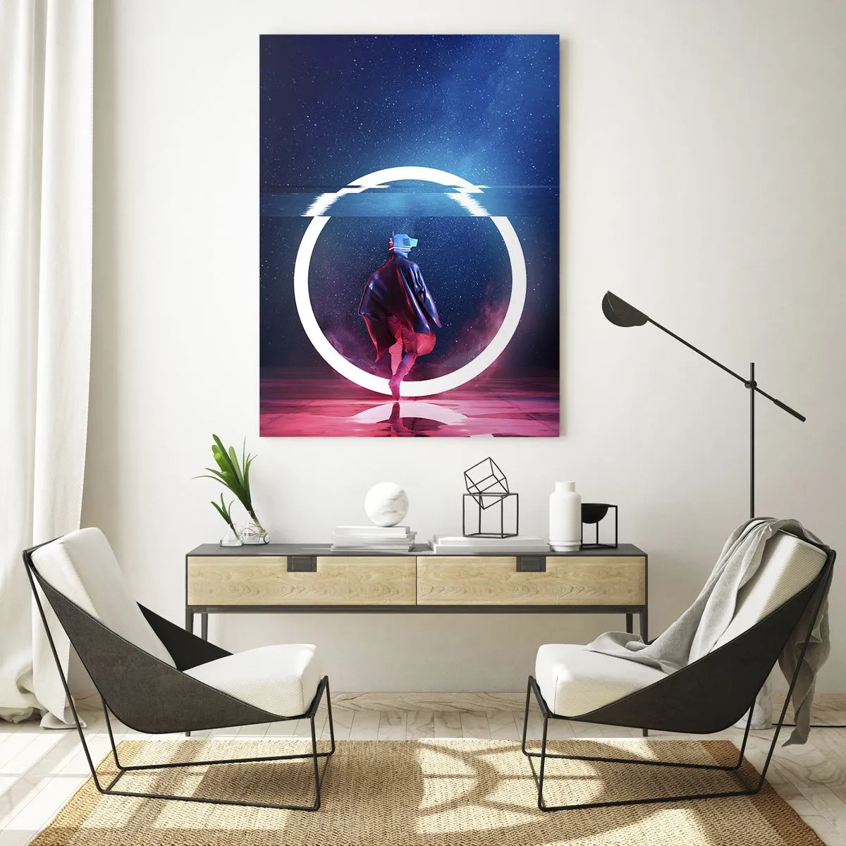 Glasbild - Bild auf glas - Eine Figur in futuristischem Setting mit Neonring - 50x70cm - Zwischen den Welten - Moderne Wanddekoration für Wohnzimmer und Schlafzimmer ARTTOR
