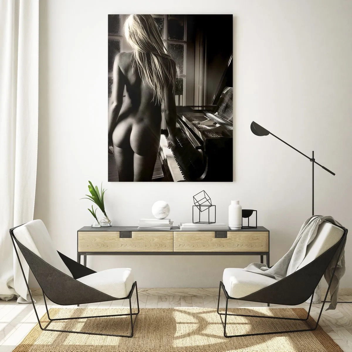 Glasbild - Bild auf glas - Eine Frau am Klavier in Sepia-Beleuchtung - 50x70cm - Perfekte Harmonie des Abends - Moderne Wanddekoration für Wohnzimmer und Schlafzimmer ARTTOR