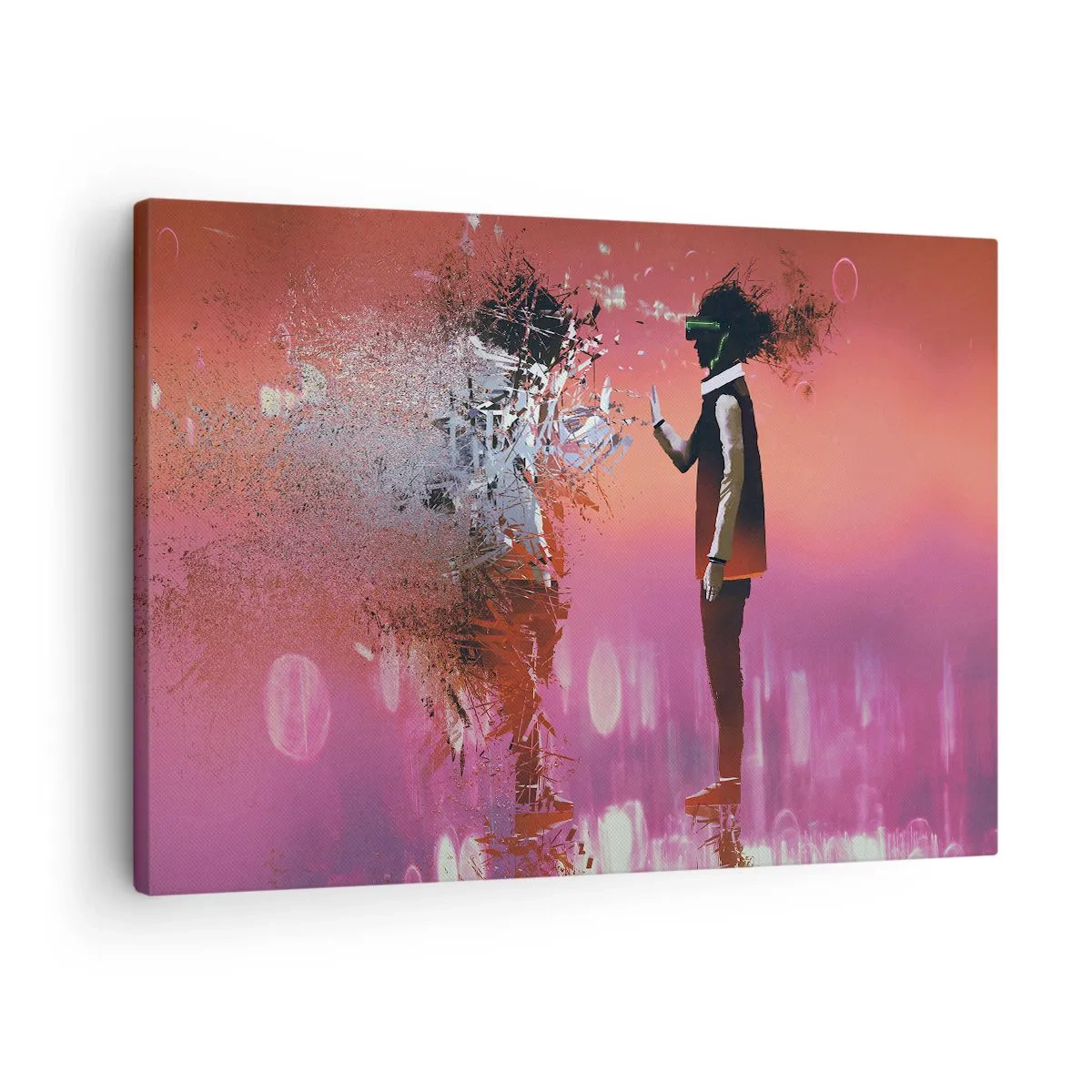 Bild auf Leinwand - Leinwandbild - Eine abstrakte Szene mit einer futuristischen Figur und verstreuten Elementen. - 70x50cm - Kannst du dich selbst anschauen? - Moderne Wanddekoration für Wohnzimmer und Schlafzimmer ARTTOR