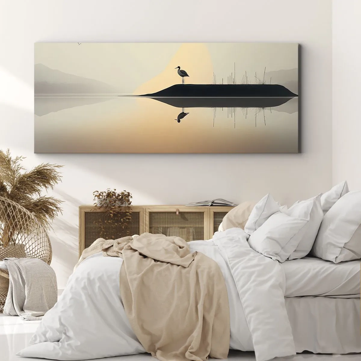 Bild auf Leinwand - Leinwandbild - Ein Vogel auf einer Insel in einem ruhigen See mit warmen Farbtönen - 160x50cm - Herr am See - Moderne Wanddekoration für Wohnzimmer und Schlafzimmer ARTTOR
