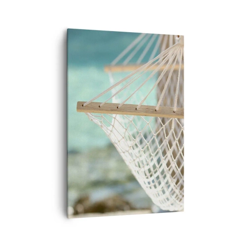 Bild auf Leinwand - Leinwandbild - Eine Hängematte mit Blick auf das türkisfarbene Wasser - 70x100cm - Zeit zum Entspannen - Moderne Wanddekoration für Wohnzimmer und Schlafzimmer ARTTOR