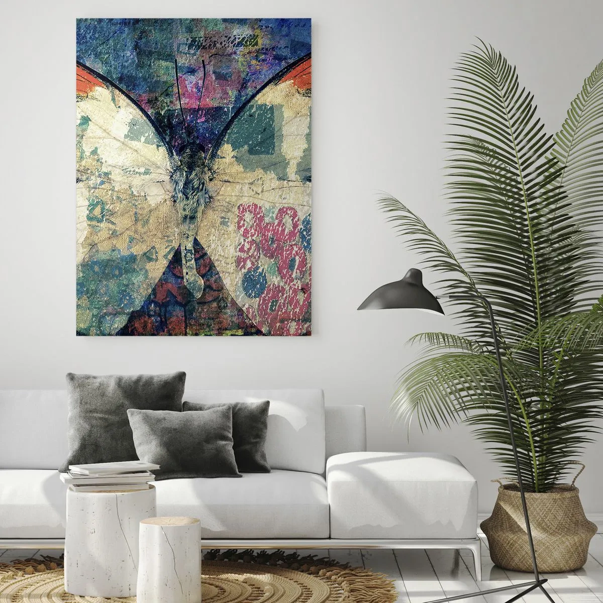 Glasbild - Bild auf glas - Ein bunter Schmetterling auf einem abstrakten Hintergrund in Blau- und Orangetönen. - 50x70cm - Subtile Zerbrechlichkeit - Moderne Wanddekoration für Wohnzimmer und Schlafzimmer ARTTOR
