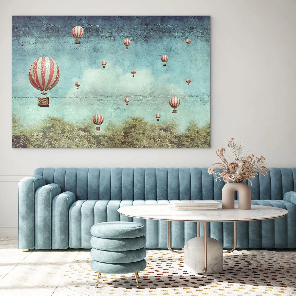 Glasbild - Bild auf glas - Ballons schweben über einer grünen Landschaft - 100x70cm - Frei von der Hektik des Lebens - Moderne Wanddekoration für Wohnzimmer und Schlafzimmer ARTTOR