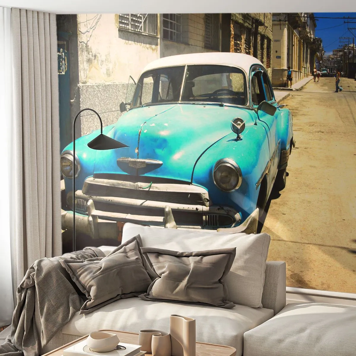 Fototapete Premium Sand - Altes blaues Auto auf der Straße - 100x70cm - Evviva Kuba! - Moderne Wanddekoration für Wohnzimmer und Schlafzimmer ARTTOR