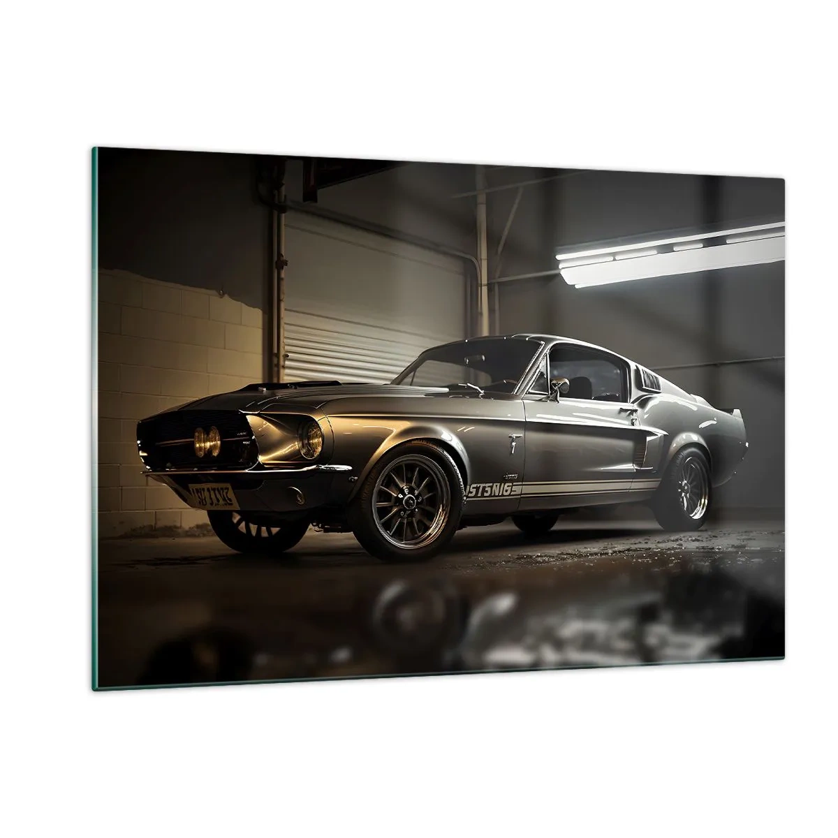 Glasbild - Bild auf glas - Oldtimer in Garage unter Industriebeleuchtung - 120x80cm - Zurück in die Vergangenheit - Moderne Wanddekoration für Wohnzimmer und Schlafzimmer ARTTOR