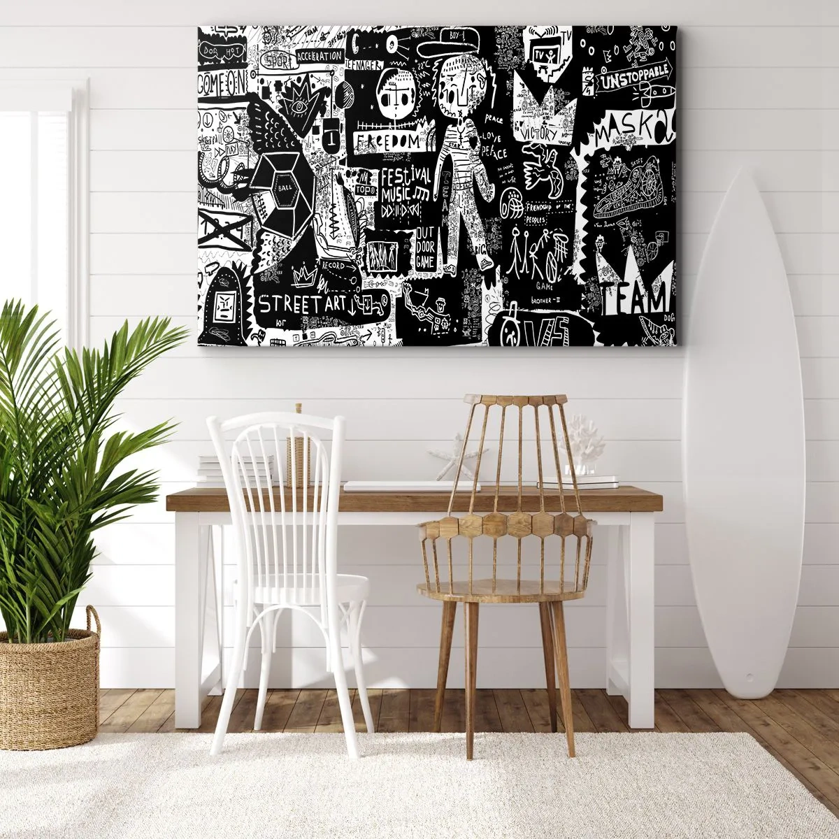Bild auf Leinwand - Leinwandbild - Von der Straßenkunst inspirierte Schwarz-Weiß-Collage - 100x70cm - Spirituelle Jugend des Gesetzes und der Freude - Moderne Wanddekoration für Wohnzimmer und Schlafzimmer ARTTOR