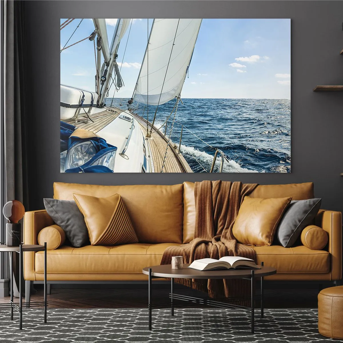 Glasbild - Bild auf glas - Eine Yacht auf offener See mit gehissten Segeln - 70x50cm - Ahoi, Abenteuer - Moderne Wanddekoration für Wohnzimmer und Schlafzimmer ARTTOR