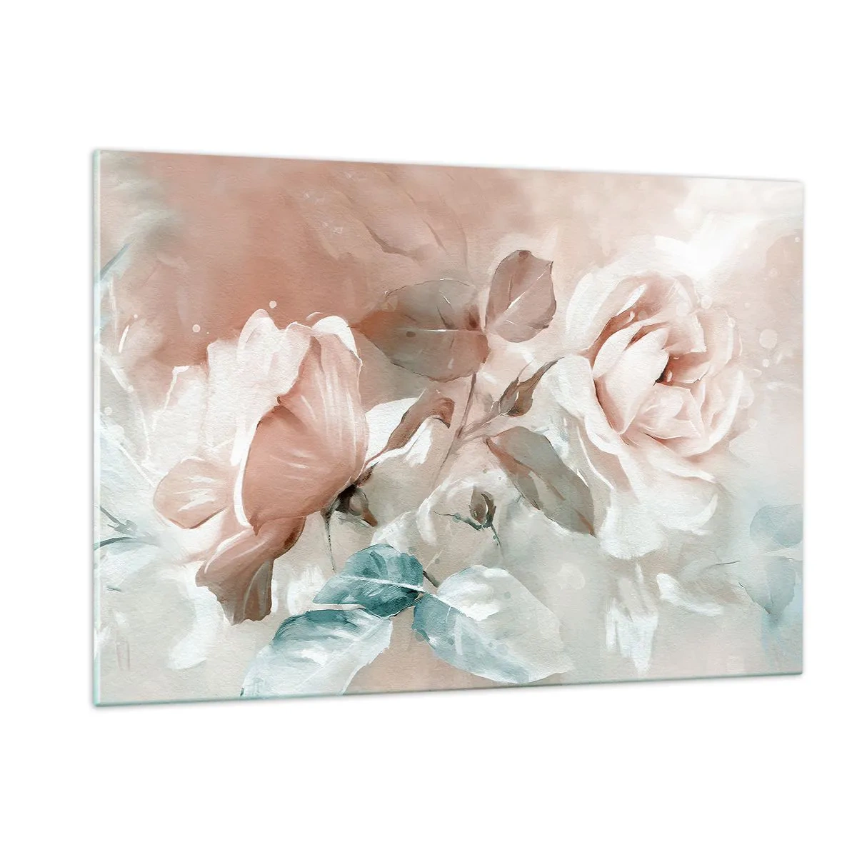 Glasbild - Bild auf glas - Zarte pastellfarbene Aquarellrosen auf hellem Hintergrund - 120x80cm - Geist der Romantik - Moderne Wanddekoration für Wohnzimmer und Schlafzimmer ARTTOR