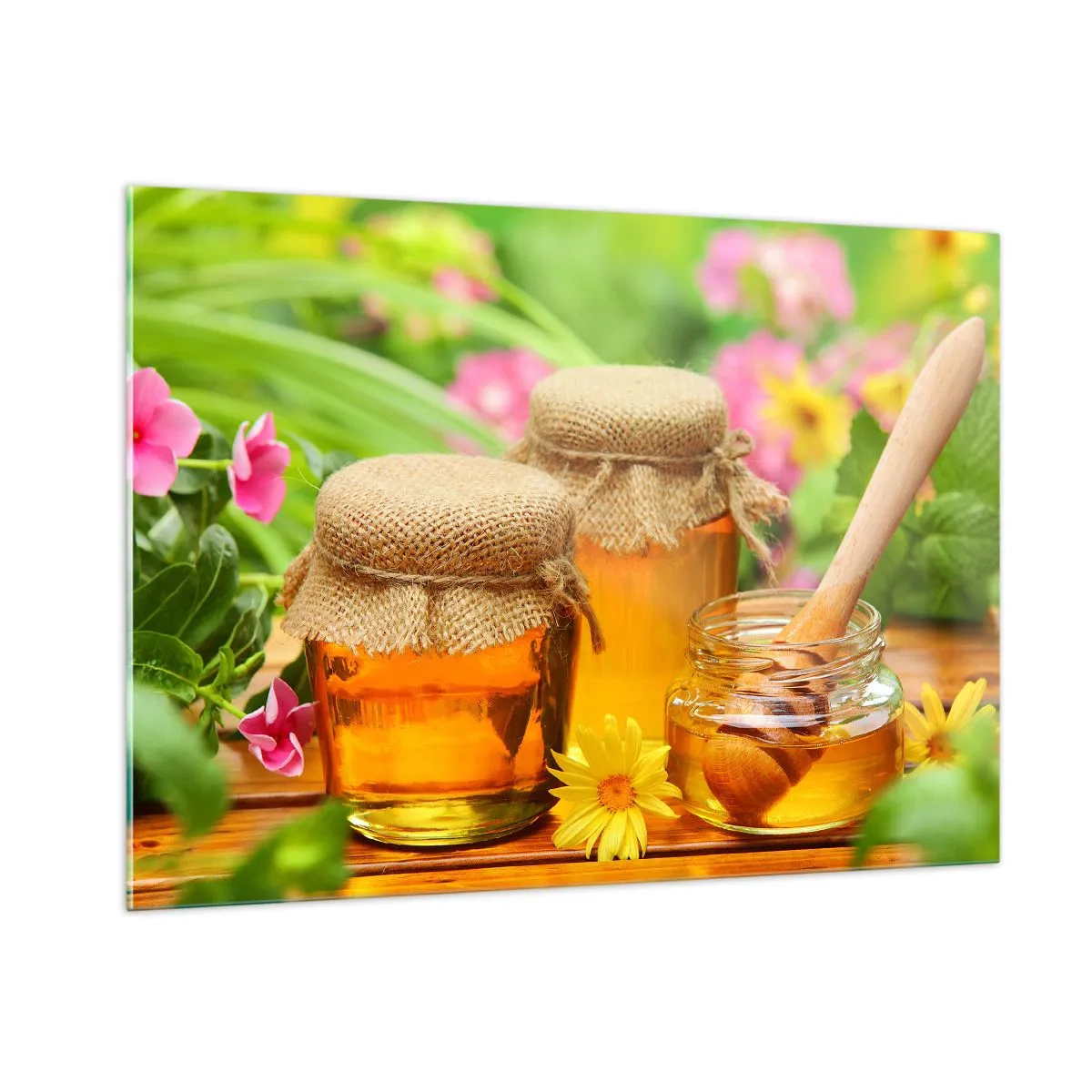 Glasbild - Bild auf glas - Gläser mit Honig vor einem Hintergrund von Blumen im Garten - 100x70cm - Süß und blumig - Moderne Wanddekoration für Wohnzimmer und Schlafzimmer ARTTOR