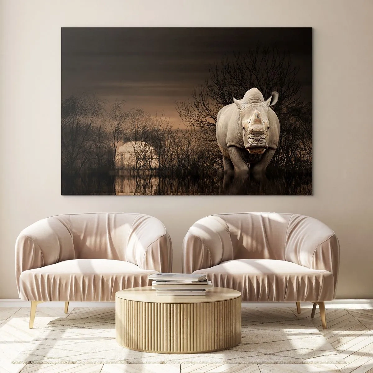 Glasbild - Bild auf glas - Nashorn vor der untergehenden Sonne - 70x50cm - Weiß gegen die Natur - Moderne Wanddekoration für Wohnzimmer und Schlafzimmer ARTTOR