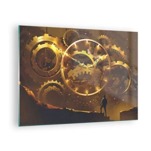 Glasbild - Bild auf glas - Goldene Steampunk-Zahnräder mit Hintergrundbeleuchtung vor einer menschlichen Silhouette - 70x50cm - An der Quelle der Zeit - Moderne Wanddekoration für Wohnzimmer und Schlafzimmer ARTTOR