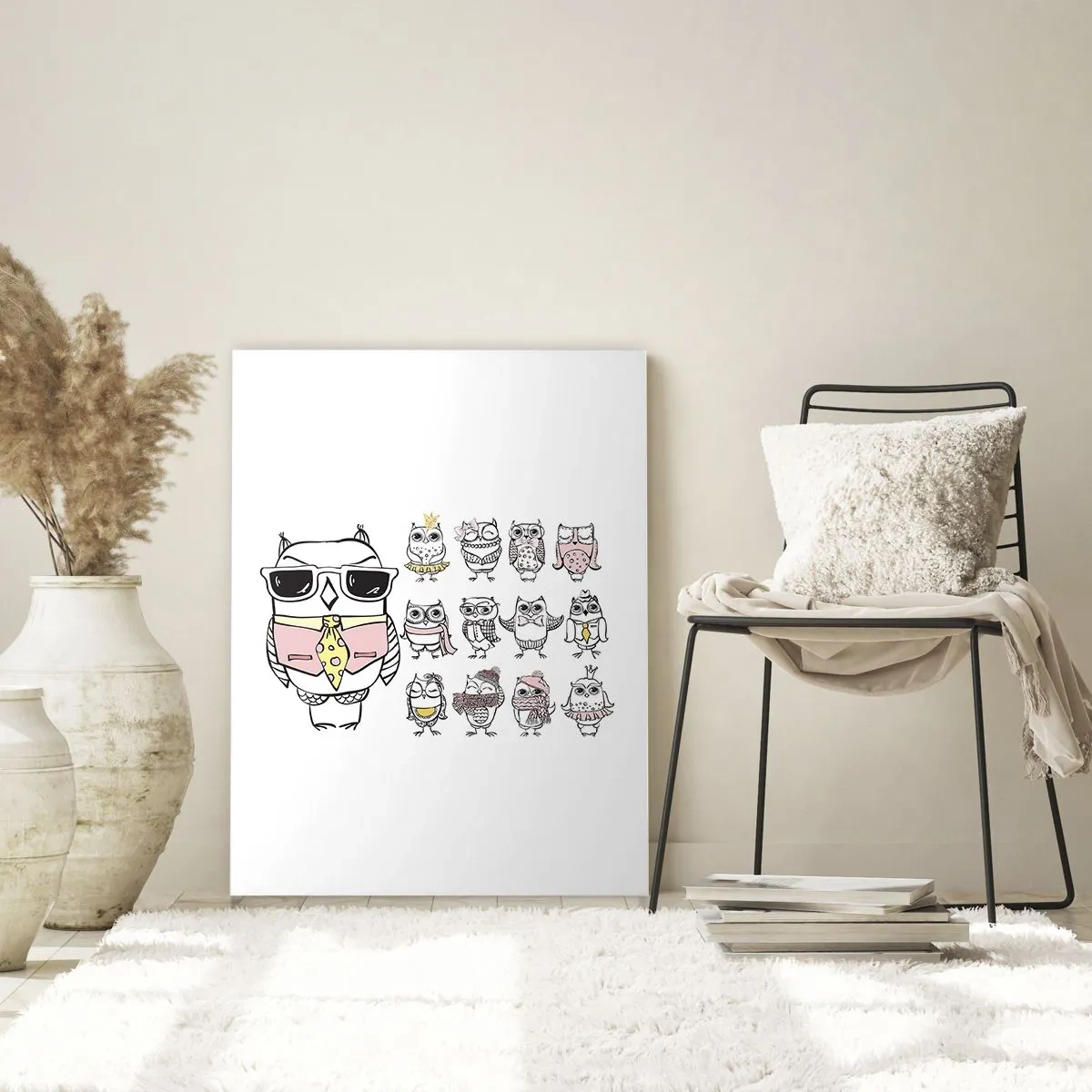 Glasbild - Bild auf glas - Lustige Eulenzeichnungen in verschiedenen Stilen - 50x70cm - So viele Rollen zu spielen - Moderne Wanddekoration für Wohnzimmer und Schlafzimmer ARTTOR