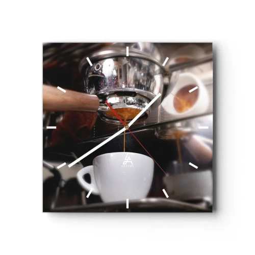 Wanduhr - Glasuhr - Nahaufnahme einer Kaffeemaschine, die einen frischen Espresso zubereitet - 30x30cm - Gute Zeit des Tages - Moderne Wanddekoration für Wohnzimmer und Schlafzimmer ARTTOR