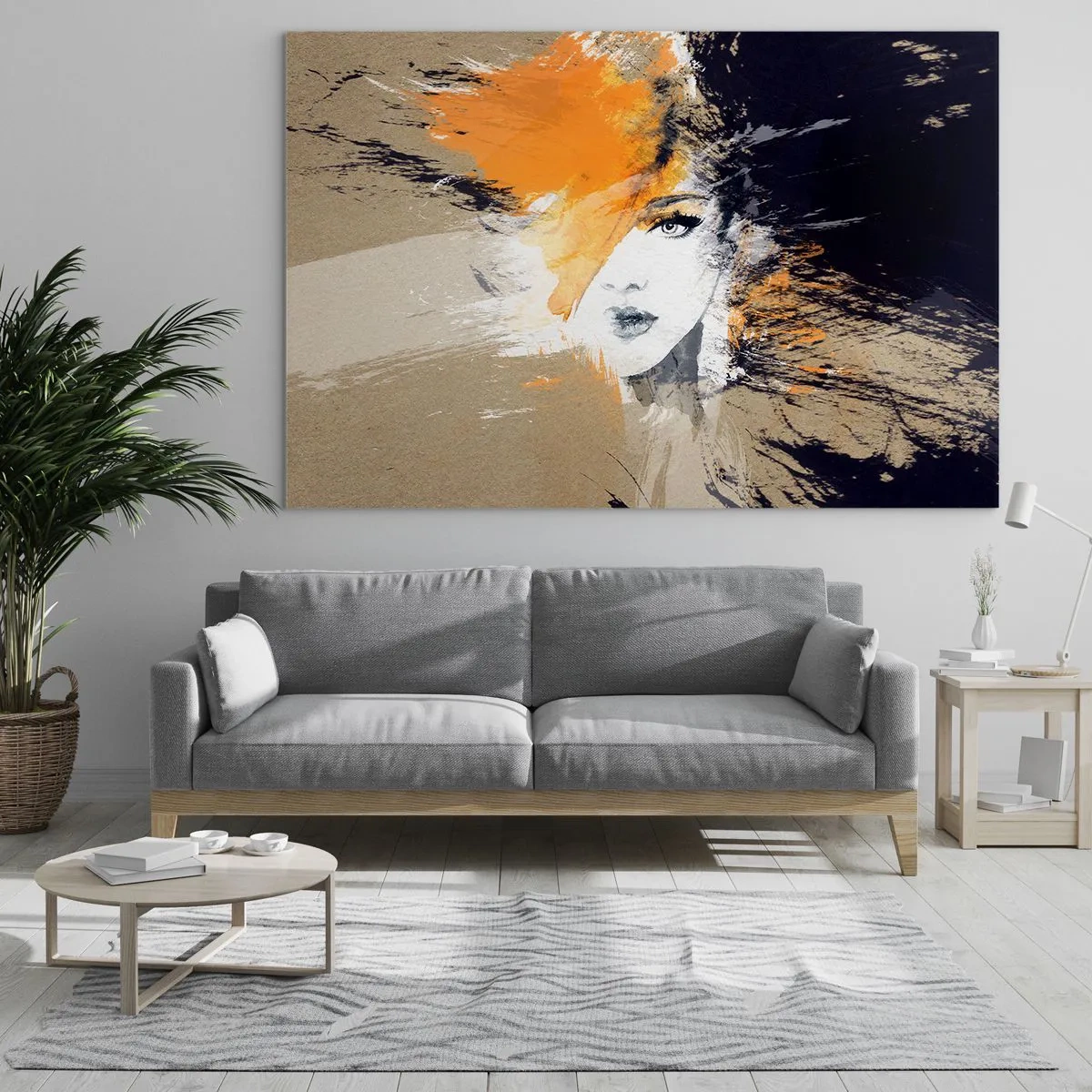 Glasbild - Bild auf glas - Abstraktes Porträt einer Frau mit orangefarbenen Akzenten - 70x50cm - Und es ist Licht - Moderne Wanddekoration für Wohnzimmer und Schlafzimmer ARTTOR
