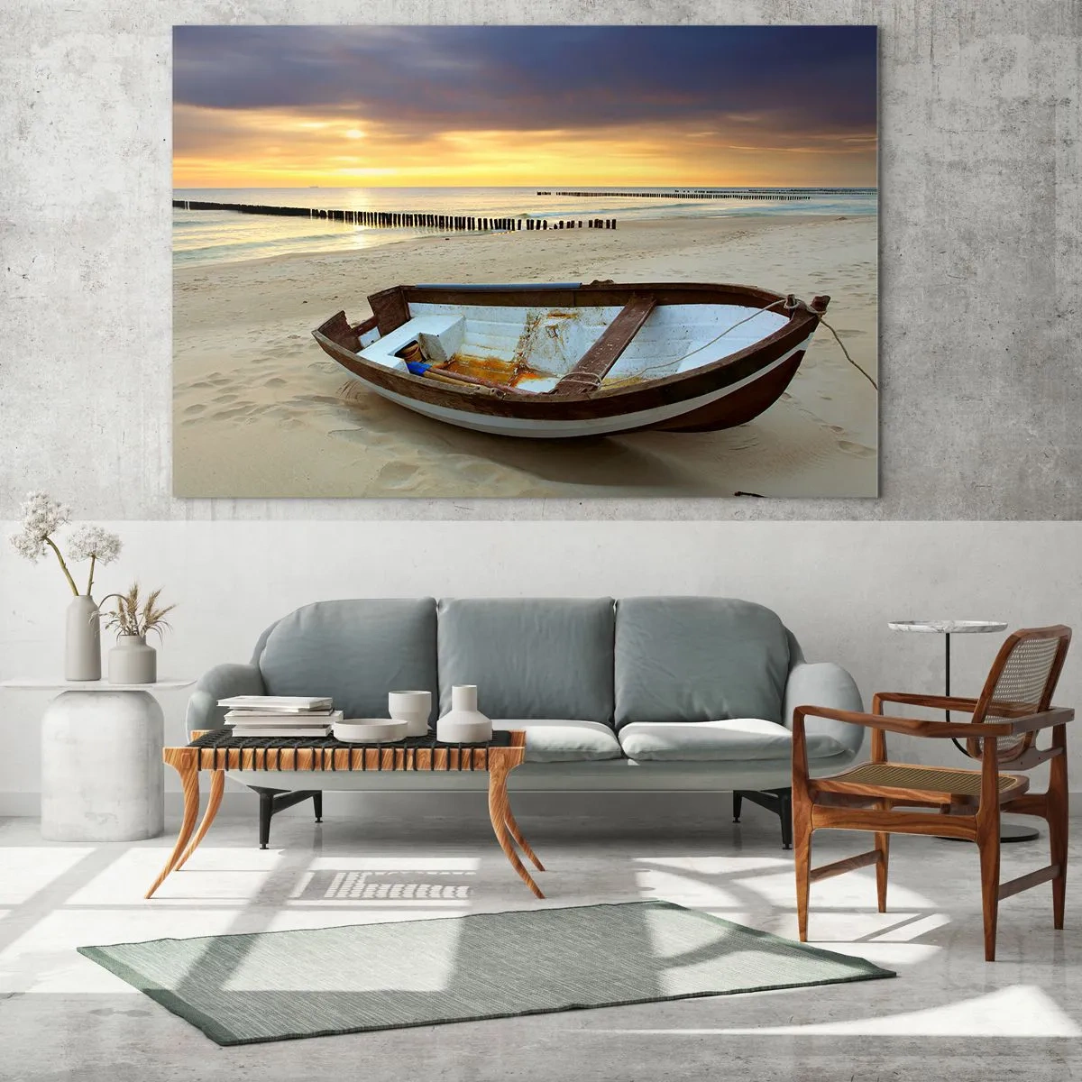 Glasbild - Bild auf glas - Ein Boot an einem Sandstrand bei Sonnenaufgang - 120x80cm - Es gibt keine schöneren Strände - Moderne Wanddekoration für Wohnzimmer und Schlafzimmer ARTTOR
