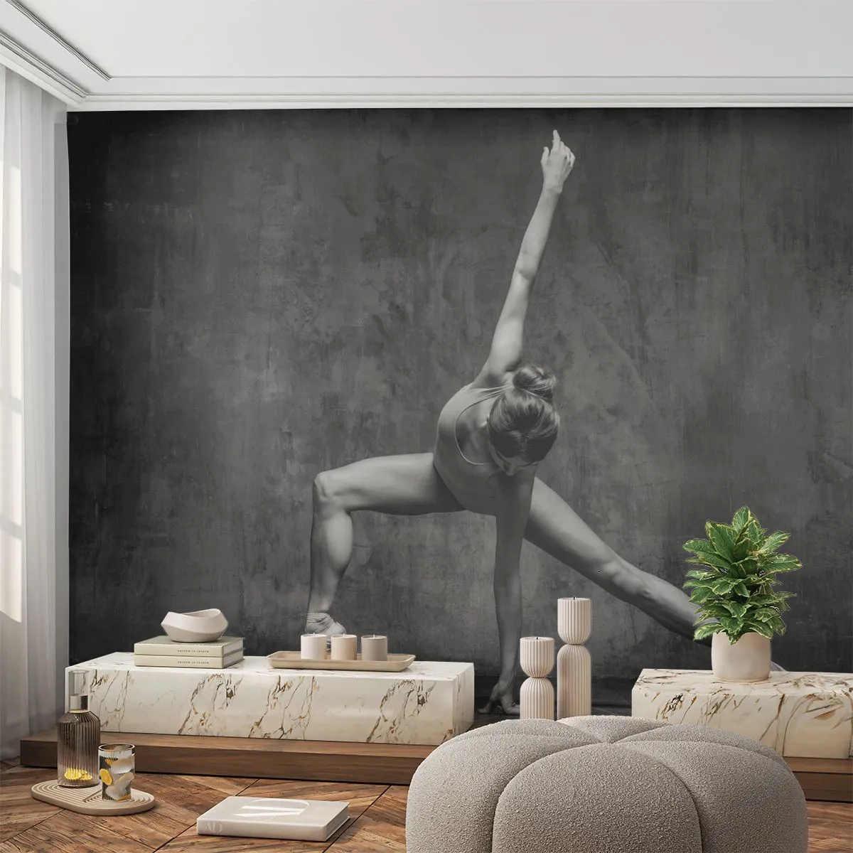 Fototapete Premium Sand - Schwarz-Weiß-Aufnahme einer Ballerina - 100x70cm - Das Ideal des Gleichgewichts - Moderne Wanddekoration für Wohnzimmer und Schlafzimmer ARTTOR
