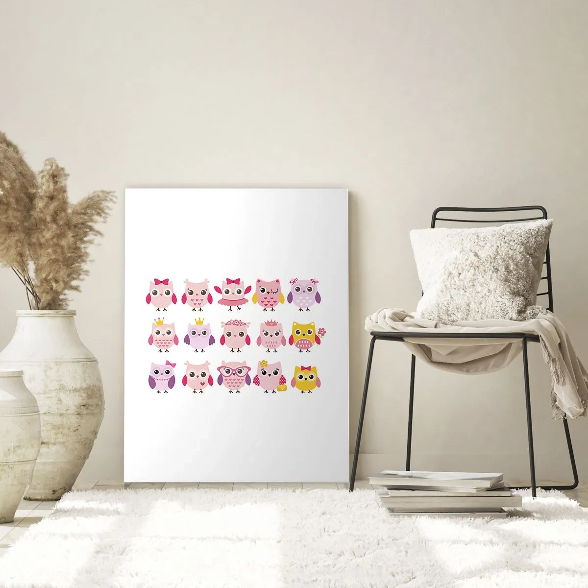 Glasbild - Bild auf glas - Bunte Eulen in verschiedenen Mustern auf weißem Hintergrund - 50x70cm - Einer ist süßer als der andere - Moderne Wanddekoration für Wohnzimmer und Schlafzimmer ARTTOR