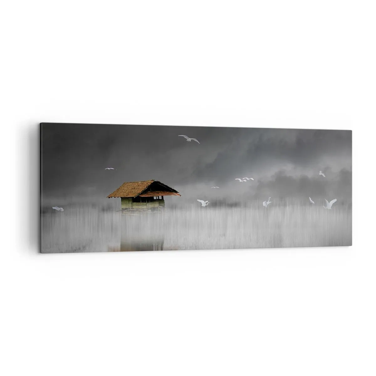 Bild auf Leinwand - Leinwandbild - Ein einsames Häuschen am Wasser, umgeben von Nebel und Vögeln - 140x50cm - Schutz vor Regen - Moderne Wanddekoration für Wohnzimmer und Schlafzimmer ARTTOR