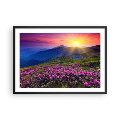 Poster in einem schwarzem Rahmen - Eine blühende Wiese mit Blick auf die Berge bei Sonnenuntergang - 70x50cm - … Und drumherum duftet es nach Latschenkiefer und dem Duft von Kräutern - Moderne Wanddekoration für Wohnzimmer und Schlafzimmer ARTTOR