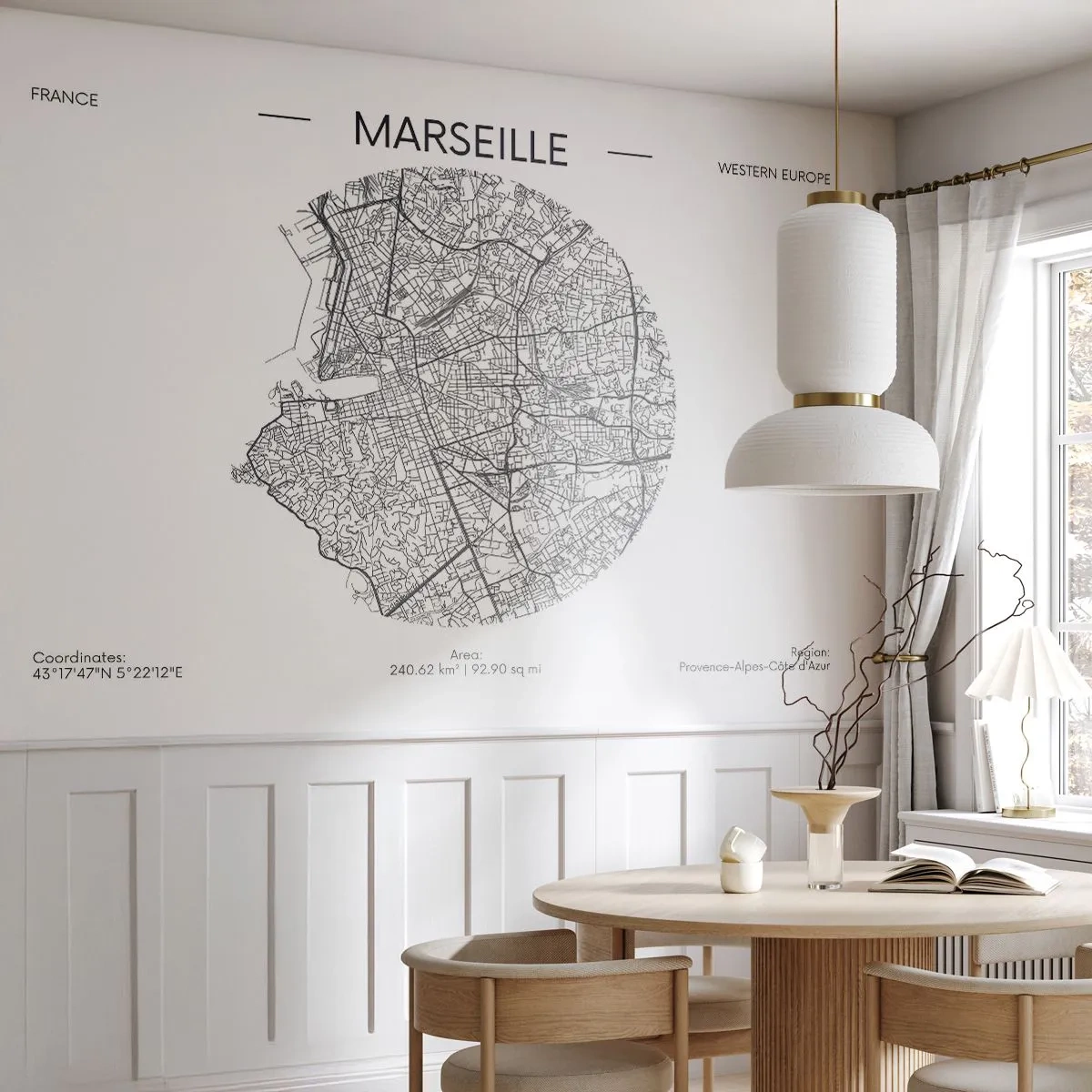Fototapete Premium Sand - Eine Karte von Marseille in Form eines Kreises auf weißem Hintergrund - 100x70cm - Anatomie von Marseille - Moderne Wanddekoration für Wohnzimmer und Schlafzimmer ARTTOR