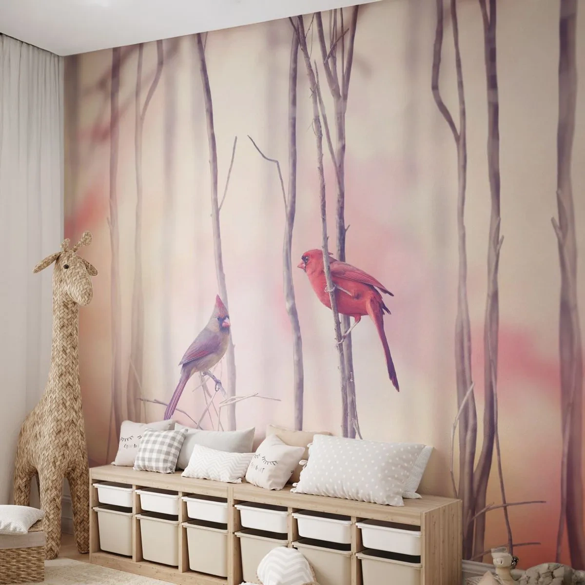 Fototapete Premium Sand - Zwei Kardinäle auf dünnen Zweigen mit pastellfarbenem Hintergrund - 100x70cm - Geschichte vom rosa Wald - Moderne Wanddekoration für Wohnzimmer und Schlafzimmer ARTTOR
