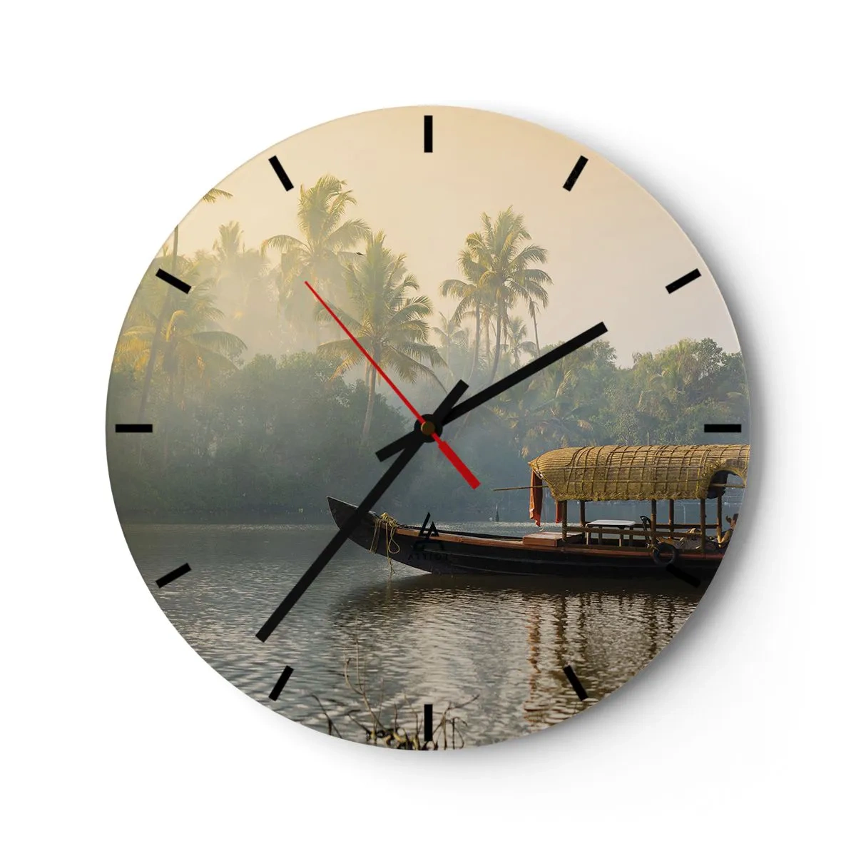 Wanduhr - Glasuhr - Ein traditionelles Baldachinboot treibt auf einem ruhigen Fluss zwischen Palmen. - 30x30cm - Haus am Fluss - Moderne Wanddekoration für Wohnzimmer, Küche und Schlafzimmer ARTTOR
