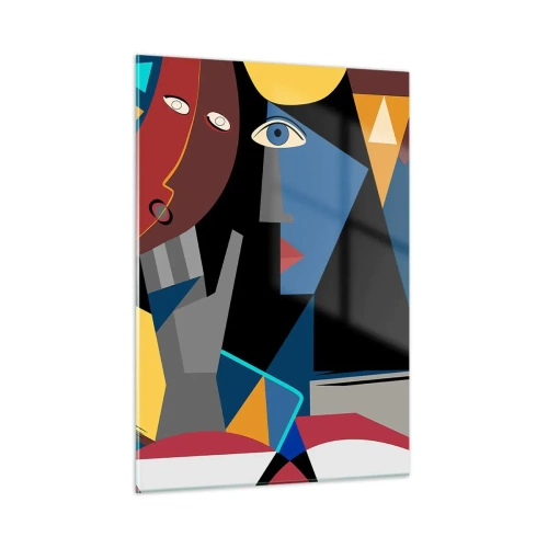 Glasbild - Bild auf glas - Kubistische Gesichter in intensiven Farben - 50x70cm - Gespräch zwischen Kubisten - Moderne Wanddekoration für Wohnzimmer und Schlafzimmer ARTTOR