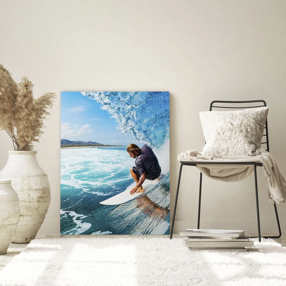 Glasbild - Bild auf glas - Ein Surfer in dynamischer Pose auf einer Welle im türkisfarbenen Wasser. - 70x100cm - Tanzen mit den Wellen - Moderne Wanddekoration für Wohnzimmer und Schlafzimmer ARTTOR